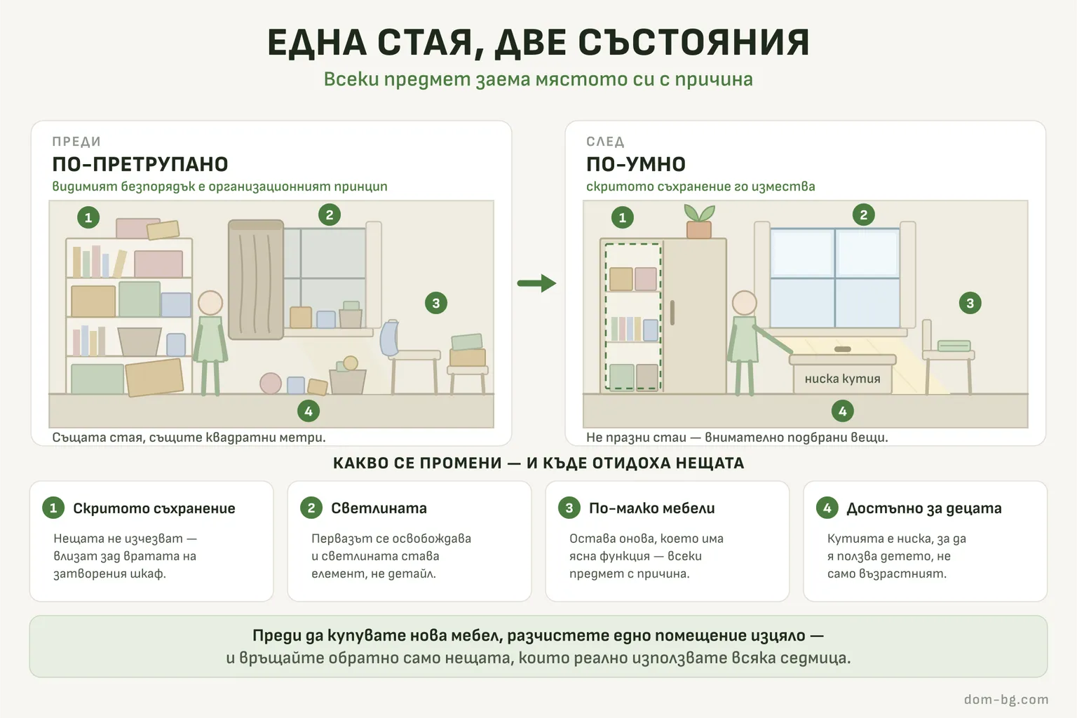 Инфографика: Една стая, две състояния — всеки предмет заема мястото си с причина