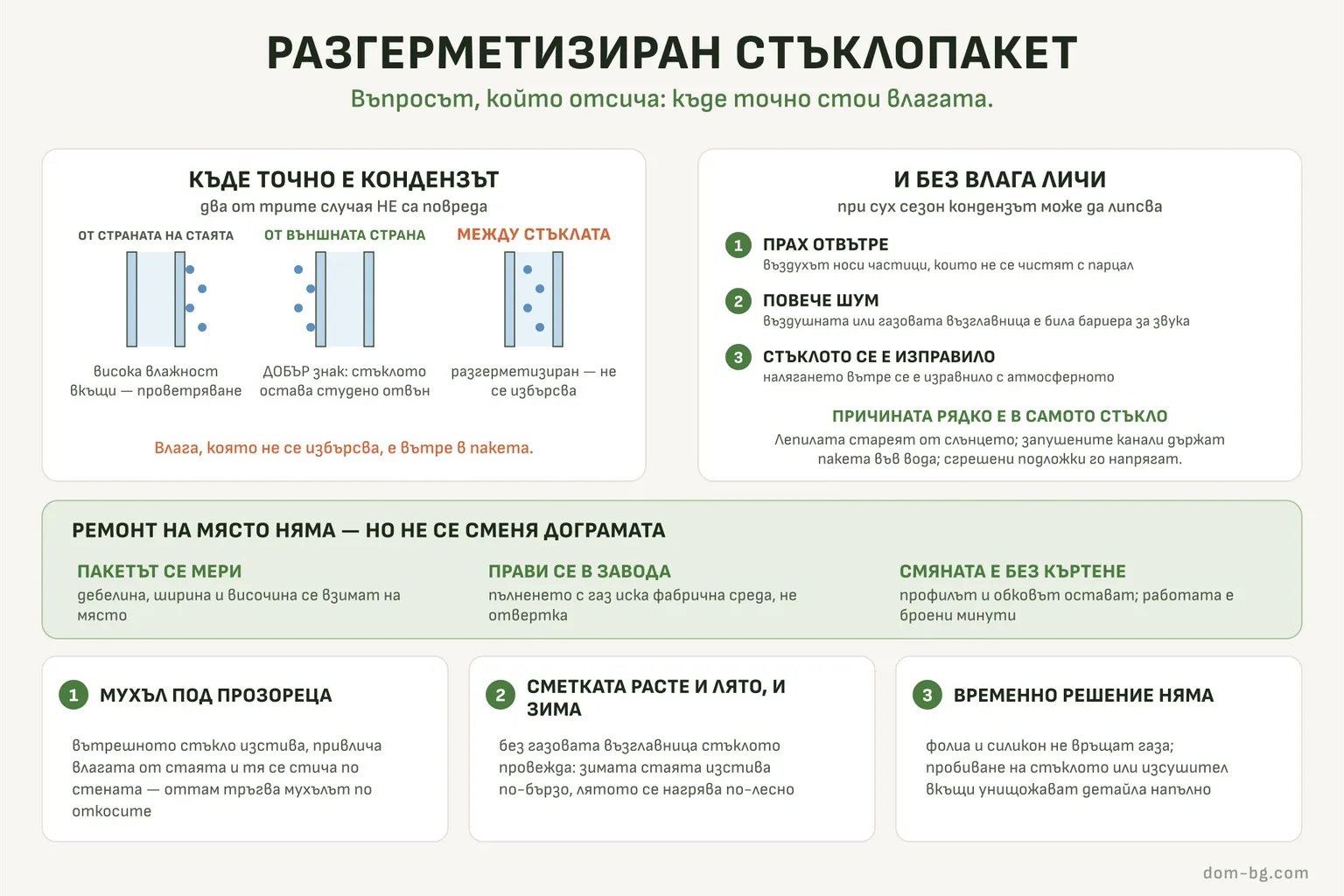 Схема: къде стои кондензът при стъклопакет — от страната на стаята, отвън или между стъклата; признаци без влага и как се сменя пакетът