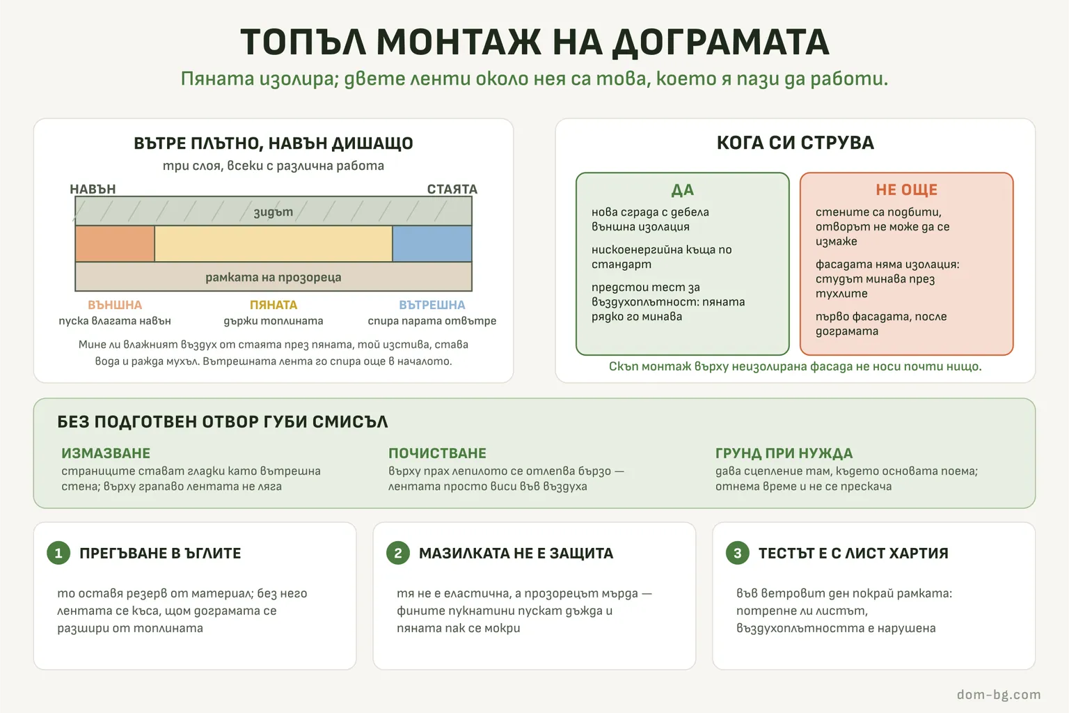 Схема: разрез през фугата на дограмата — външна паропропусклива лента, пяна и вътрешна паронепропусклива лента, всяка с работата си — и кога топлият монтаж не си струва