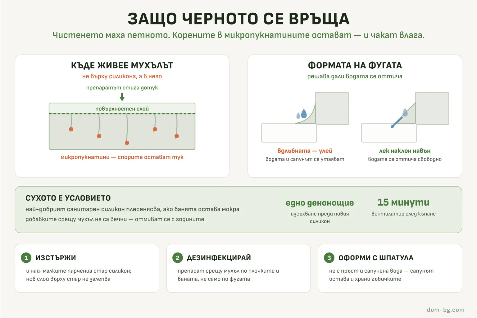 Инфографика: къде живее мухълът в силиконовата фуга и как формата на фугата решава дали водата се задържа